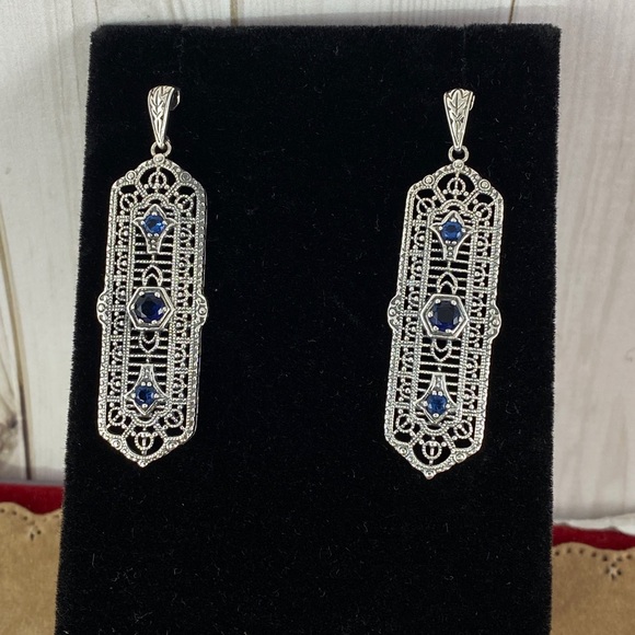 Hand Made Natural Blue Sapphire 925 Silver Filigree Retro Art Nouveau Earrings - Picture 2 of 6